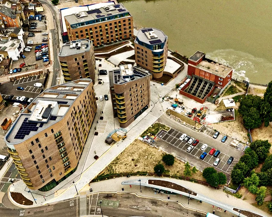 Chatham Waterfront from the air, with the bus station and Pioneer Wharf