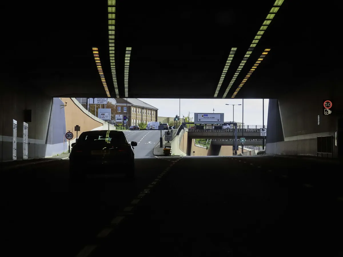 The A289 emerging from the Medway Tunnel at Upper Upnor